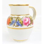 A circa 1805 Derby jug painted with a border of flowers with linear gilding, with red mark to base,