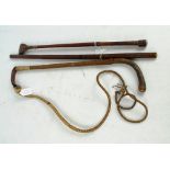 A leather shafted swagger stick, a riding crop and a further gnarled example (3).