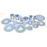 WEDGWOOD; a collection of light blue jasperware to include various pin dishes and ashtrays,