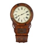 A 19th century American drop dial wall clock with marquetry decoration to case,