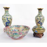 A pair of Chinese cloisonné enamel floral decorated baluster vases with flared rims, height 20.