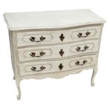 A French painted oak three drawer serpentine commode raised on cabriole legs to scrolling feet,