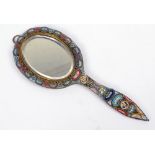 A circa 1900 Italian floral and ornamental micromosaic decorated oval hand mirror, length 19.