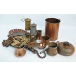 A quantity of copper ware to include mugs and ladle, also a brass E.