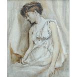 UNATTRIBUTED; oil on canvas, sketch of a young fair skinned lady wearing a flowing white dress,