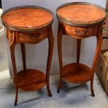 A pair of reproduction Continental-style mahogany inlaid ormolu-mounted side tables with pierced