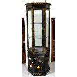 A 20th century Oriental hexagonal glazed black lacquer display cabinet,