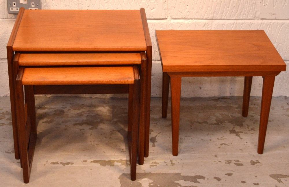 A nest of three retro teak tables on square supports and one other small table (2).