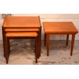 A nest of three retro teak tables on square supports and one other small table (2).