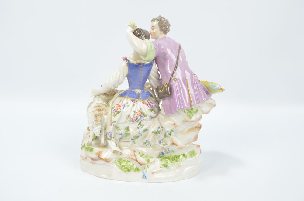 A Meissen figure group of shepherd courting shepherdess with sheep alongside, - Image 3 of 4