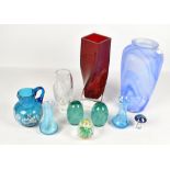 A group of glass items to include a pair of Victorian green glass floral decorated dumps,