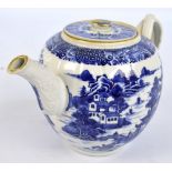 A late 18th century blue and white teapot with 'Leeds' intertwined handle,