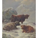 CHARLES JONES (1836-1892); oil on board, mountainous winter landscape with three highland cattle,