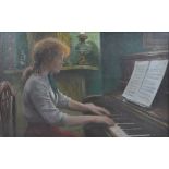 JC MORLEY; oil on board, girl playing piano with mantelpiece in the background,