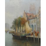 A KROMER; oil on canvas, Dutch canal scene with figures on a quayside, signed, 62 x 48cm, framed.