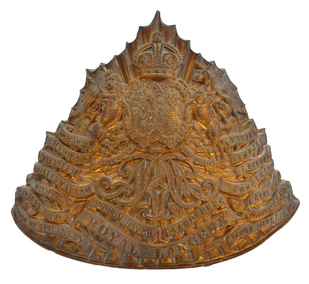 A Royal Lancers helmet plate with battle honours for South Africa 1899-1902 including Modder River,