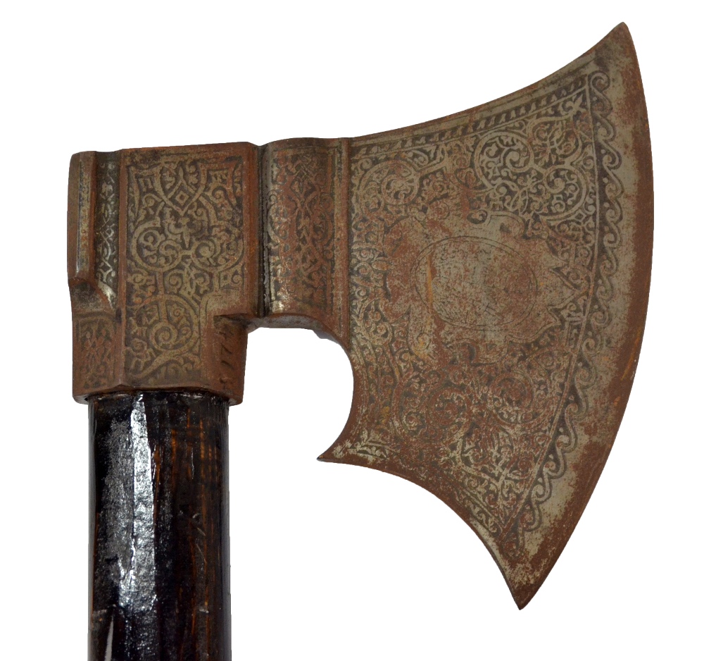 An ebonised shafted axe with engraved blade, length 49cm. - Image 3 of 3
