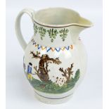 A late 18th century Prattware jug, decorated with figures hunting with guns and hounds, height 18.