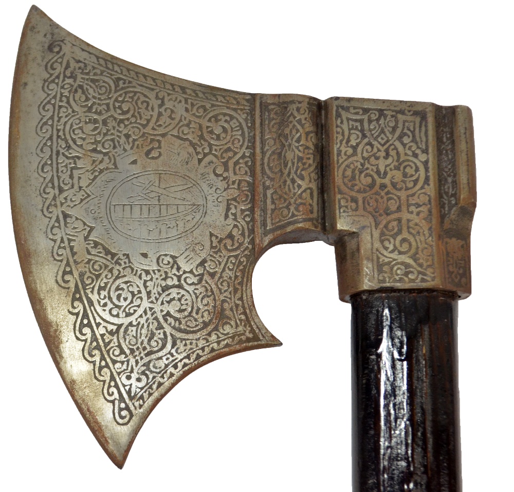 An ebonised shafted axe with engraved blade, length 49cm. - Image 2 of 3