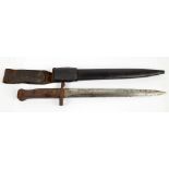 A late 19th century bayonet in leather scabbard, length 42.5cm.