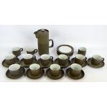 A Denby 'Chevron' dark green glazed coffee set comprising a cylindrical coffee pot,
