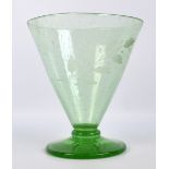 A large 19th century green glass bubble decorated conical vase with etched decoration of oak leaves