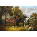 JOHN FREDERICK HERRING JR (1820-1907); large oil on canvas, rural scene with horses,