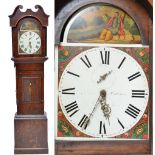 An early 19th century oak and mahogany thirty hour longcase clock, with arched painted dial af,