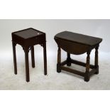 A reproduction oak dropleaf joint stool and a mahogany nightstand with candle slide and square