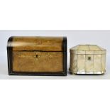 A Victorian walnut and ebony detailed domed tea caddy with two section lidded interior (lock af),
