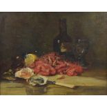 WILLIAM JAMES LAIDLAY (1846-1912); oil on canvas, still life with wine, prawns and oysters,