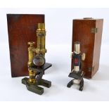 A late 19th century mahogany cased lacquered brass monocular microscope, height 25.