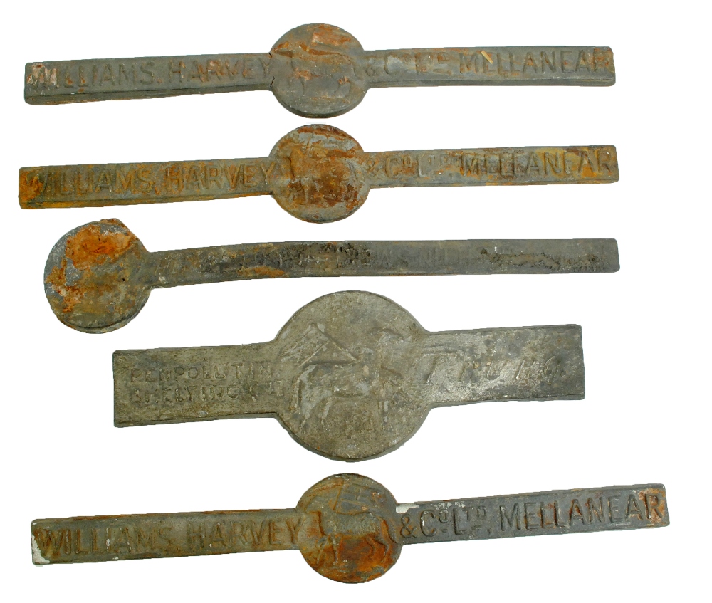 Five mid-19th century tin ingots, three with stamped inscription 'Williams,