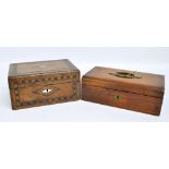 A late Victorian walnut strapwork decorated jewellery box, 22 x 15 x 11cm,