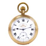 THOMAS RUSSELL & SONS; a gold plated open face crown wind pocket watch,