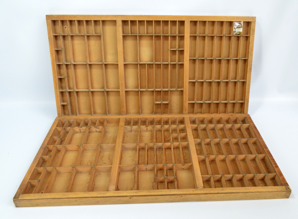 Two wooden sectioned printer's trays, width 81cm, with wall fixing screws (2).