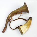 A brass mounted horn powder flask and a hunting horn, length 29cm (mouth piece af) (2).