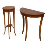 A reproduction yew wood demi-lune side table and a reproduction two tier jardinière stand (2)