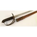 A George V dress sword with textured grip, pierced knuckle guard, etched blade and leather scabbard,