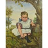 UNATTRIBUTED; 19th century oil on board, portrait of child in lake landscape, unsigned, 59x46cm.