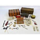 A mixed lot of collectors' items to include a set of mahogany cased brass weights,