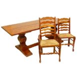 A contemporary hard wood plank top refectory table and a set of eight wavy ladder back string