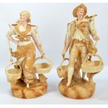 A pair of continental bisque figures of country man and woman with gilt and enamel decoration,