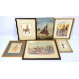 Six military themed pictures to include humorous pen and watercolour sketch 'On the Staff',