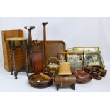 A small collection of treen items to include an oak electroplated mounted biscuit barrel,