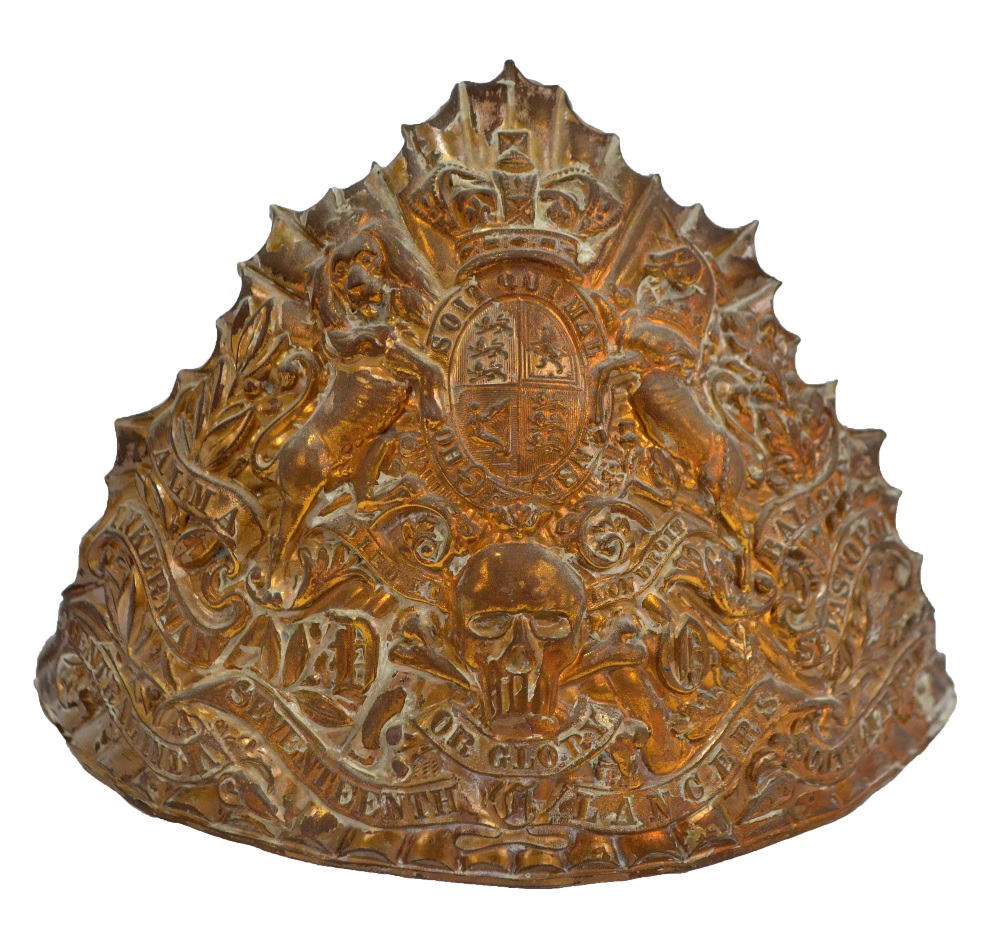 Seventeenth Lancers helmet plate with Death or Glory skull and battle honours for Central India,