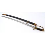 An early 20th century French curved sword with wrythen wooden grip,