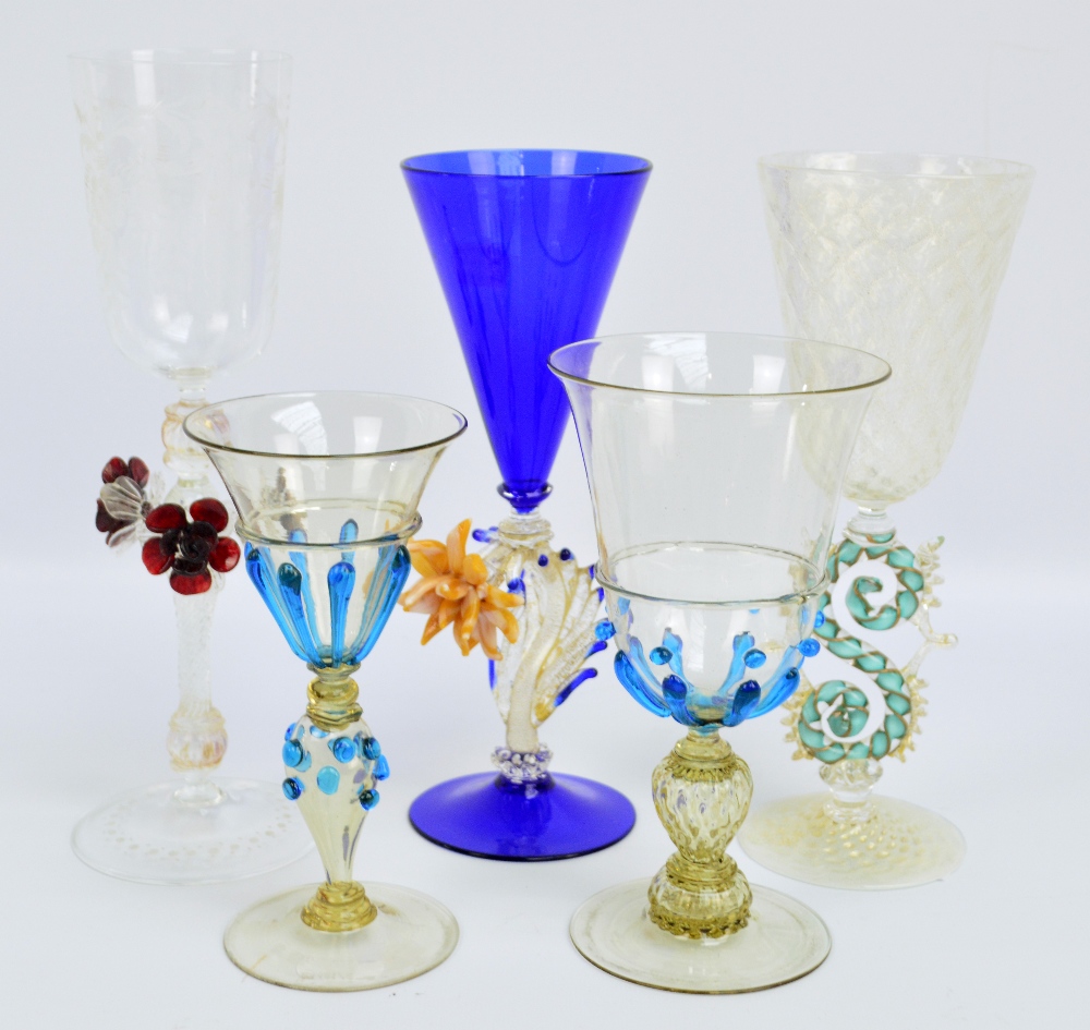 Five contemporary and well detailed Milanese goblets including a gold flecked opaque tinted example