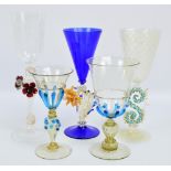 Five contemporary and well detailed Milanese goblets including a gold flecked opaque tinted example