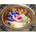 E ELLIS; oil on board, still life study of fruit, signed, oval 18 x 23cm, framed.